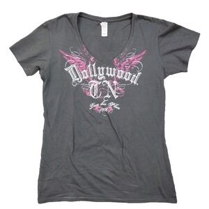 Dollywood V-Neck T-Shirt Gray Women's Medium 1986 LOVE THIS PLACE Dolly Travel